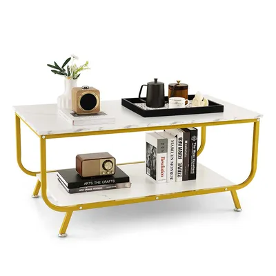 Coffee Table 2-tier Modern Marble Coffee Table With Storage Shelf For Living Room