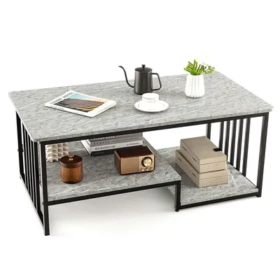 Faux Marble Coffee Table Rectangular 2-tier Center Table With Open Storage Shelf