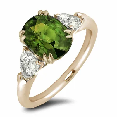 14k Yellow Gold 2.37 Ct Green Sapphire Gemstone & 0.71 Cttw Pear Brilliant Cut Diamond Trilogy 3 Stone Ring