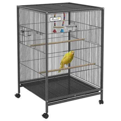 29" Bird Cage With Rolling Stand For Parrots Grey