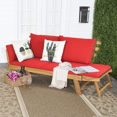 Costway Patio Convertible Sofa Daybed Solid Wood Adjustable Furniture Thick Cushion Red