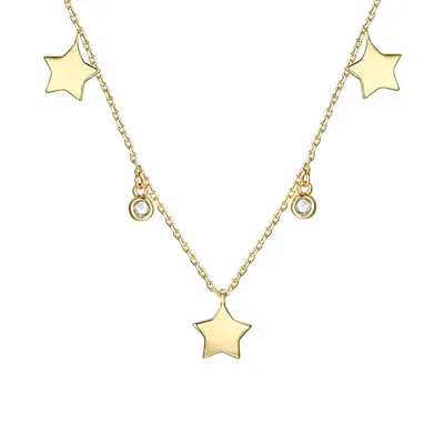 Kids 14k Yellow Gold Plated With Clear Cubic Zirconia Droplets & Star Charm Station Necklace