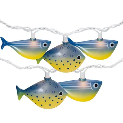 10 Blue And Yellow Fish Mini Summer Patio String Lights - 8.5 Ft Green Wire