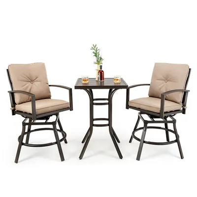 Patio 3pcs Swivel Bar Height Bistro Set Cushioned Table Stools Furniture Outdoor
