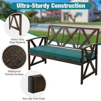 Outdoor Garden Park Bench With Padded Cushion Wood Grain Coated Heavy Duty Frame