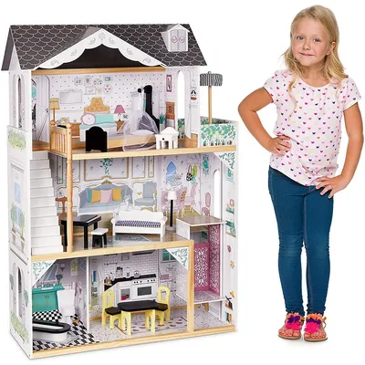 Kids Wooden Dollhouse, With Elevator, Balcony & Stairs, Doll House Toy