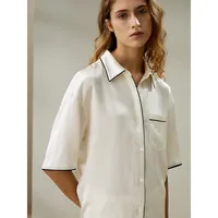 Contrast Piping Button-up Short Sleeves Pajama Set For Women