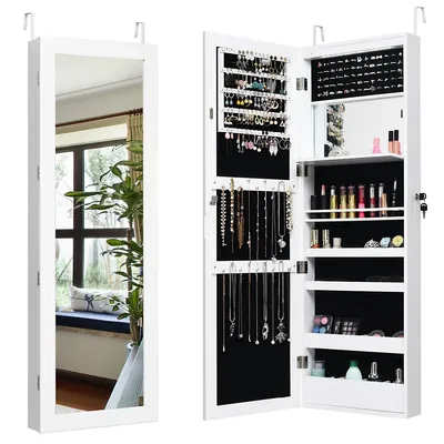 Costway Led Wall Mounted Door Mirror Jewelry Cabinet Armoire Organizer Lockable