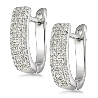 Sterling Silver Euro Back Pave Cz Rhodium Finish Front Back Earring