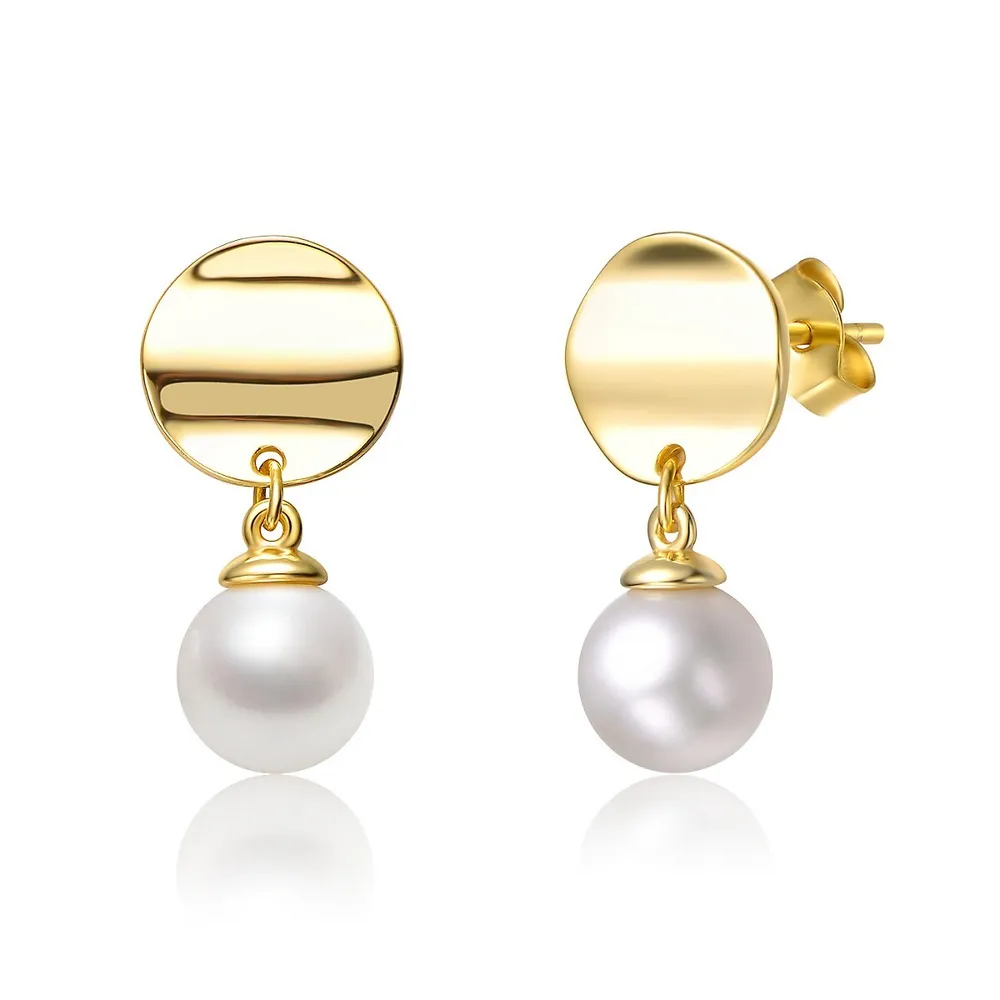 Sterling Silver 14k Yellow Gold Plated With White Freshwater Pearl & Gold Medallion Coin Double Drop Dangle Earrings