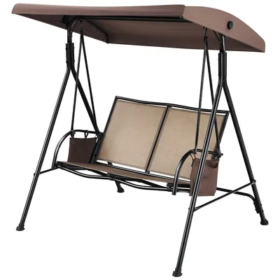 2 Seat Patio Porch Swing With Adjustable Canopy Storage Pockets Brown