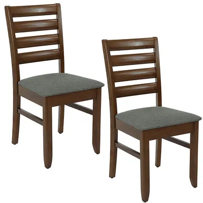 2 Ladder-back Dining Side Chairs - Dark Walnut With Gray Cushions