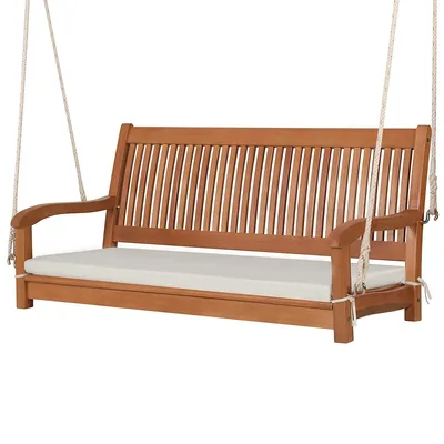 2-person Hanging Porch Swing Wood Bench With Cushion Curved Back Outdoor Natural