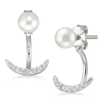 Sterling Silver Crystal With Pearl Stud & Crystal J With Pearl Drop Earrings Set