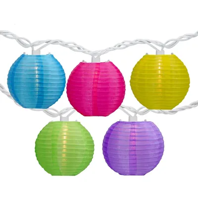 10-count Multi-color Summer Paper Lantern Patio Lights, 8.5ft White Wire