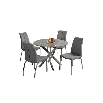 Round Glass 5 Piece Dining Set With Grey Linen Chrome Leg Chairs