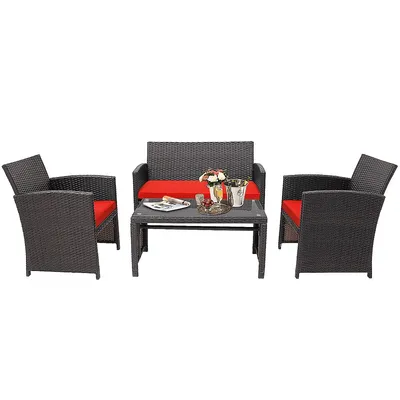 4pcs Patio Rattan Furniture Set Cushioned Chair Sofa Coffee Table