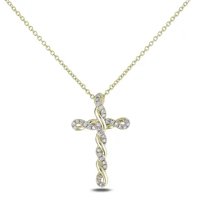 10k Yellow Gold 0.13 Cttw Diamond Twisted Cross Pendant & Chain Necklace
