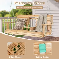 2-seat Wood Swing Bench With Folding Cup Holder And Sturdy Metal Hanging Chains