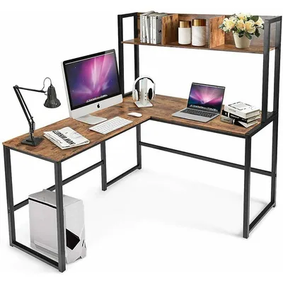 Industrial L-shaped Desk W/hutch Bookshelf 55'' Corner Computer Desk Gaming Table