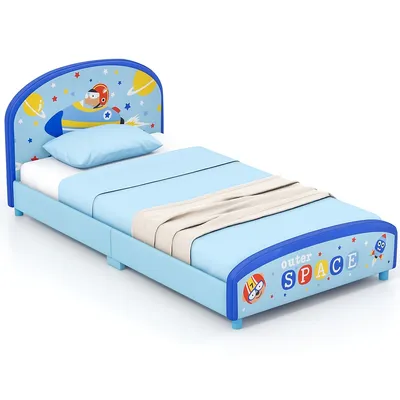 Children Twin Size Upholstered Platform Single Bed With Headboard & Footboard