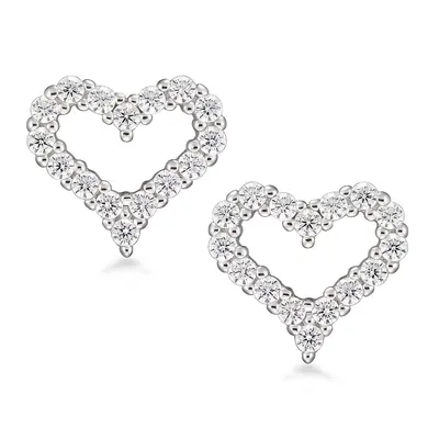Sterling Silver Rhodium Finish With Cz Heart Stud Earrings