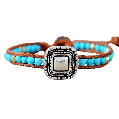 Boho Silvertone & Faceted Turquoise Gemstone Beaded Bracelet