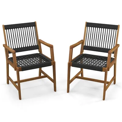 Patio 2pcs Acacia Wood Dining Chairs All-weather Rope Woven Armchairs Outdoor