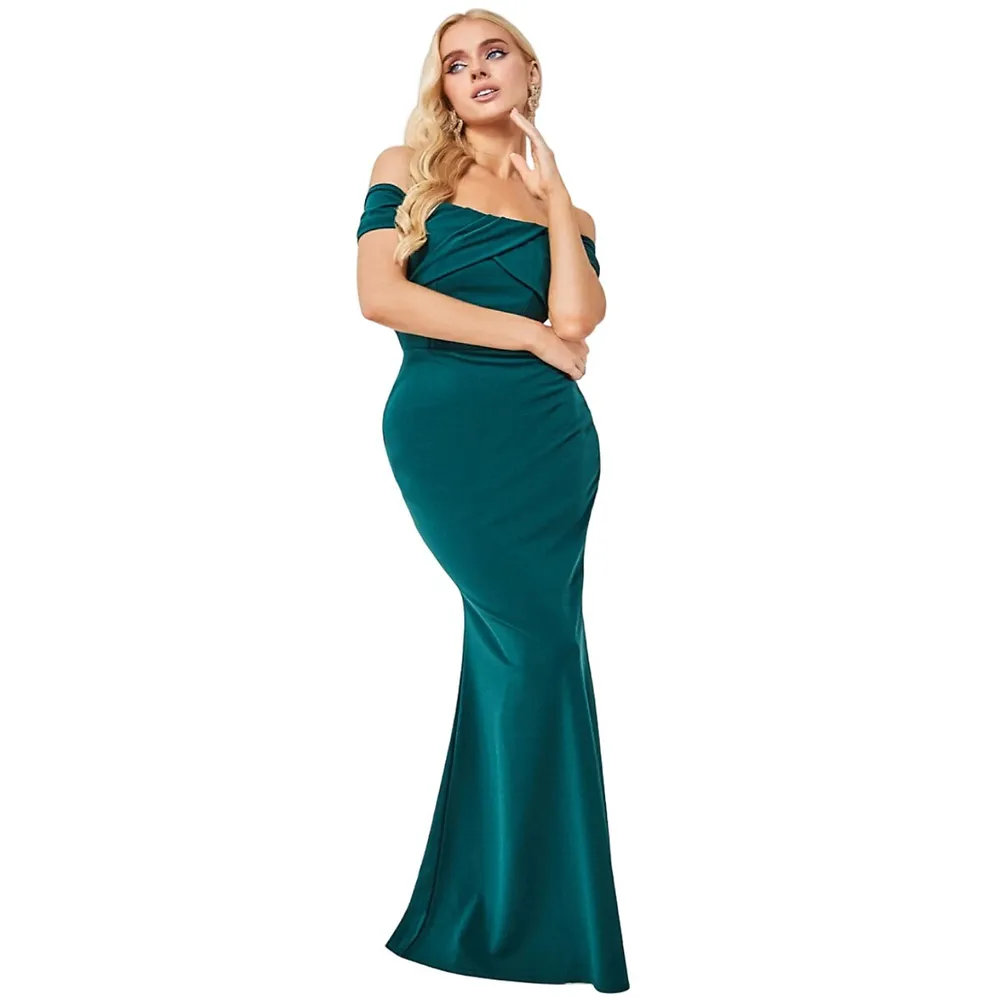 Emerald Green Bardot Pleated Maxi Dress, Goddiva