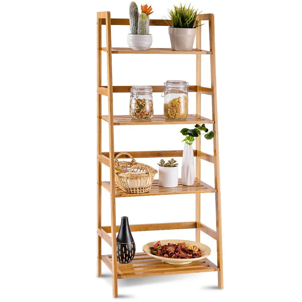 Bamboo Wood 4-Shelf Bookcase Plant Stand Shelving Unit - Pictured