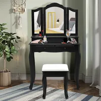 Vanity Makeup Dressing Table Set W/ Stool 4 Drawer & Mirror Black