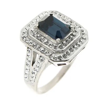 Sterling Silver With White And Emerald Cut Blue Crystal Ring