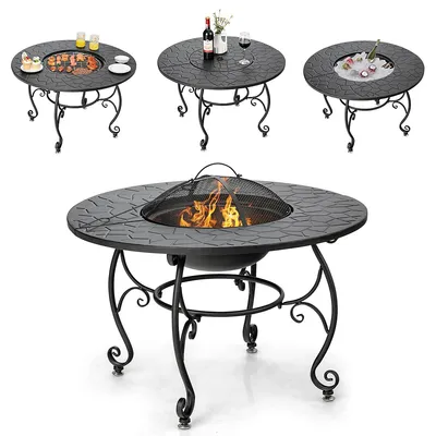 35.5" Patio Fire Pit Dining Table Charcoal Wood Burning W/ Cooking Bbq Grate