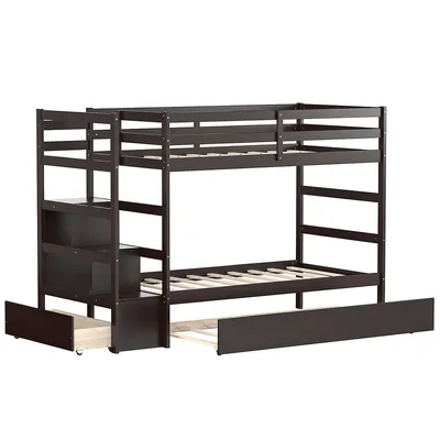 Twin Over Bunk Bed With Trundle Stairway And Storage Shelf Drawer