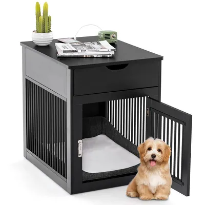 2-in-1 Furniture Dog Crate With Drawer Wired & Wireless Charging Side End Table