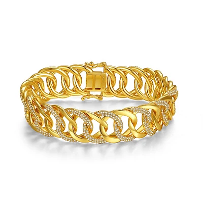 14k Yellow Gold Plating With Clear Cubic Zirconia Interlocking Slinky Link Chain Bracelet