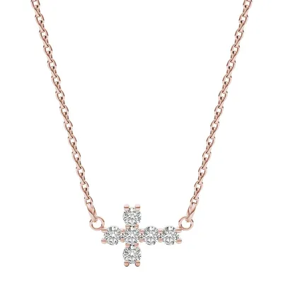 14k Rose Gold Moissanite Petite Sideways Cross Necklace, 0.18cttw Dew