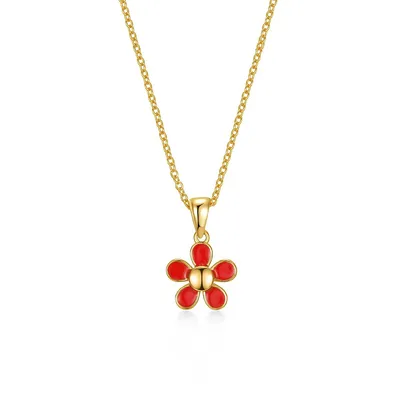 Kids/teens 14k Yellow Gold Plated Red Enamel Blooming Flower Layering Necklace