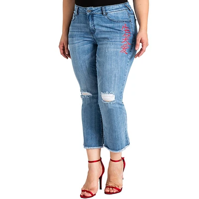 Women's Plus Chinese Character Distressed Cropped Premium Ankle Jeans