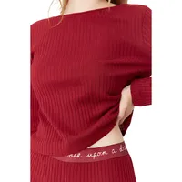 Women Plain Striped Detailed Medium Knitted T-shirt-trousers Pajama Set