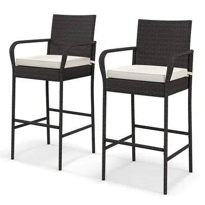 2pcs Patio Pe Wicker Bar Chairs Counter Height barstools With Armrests &cushions