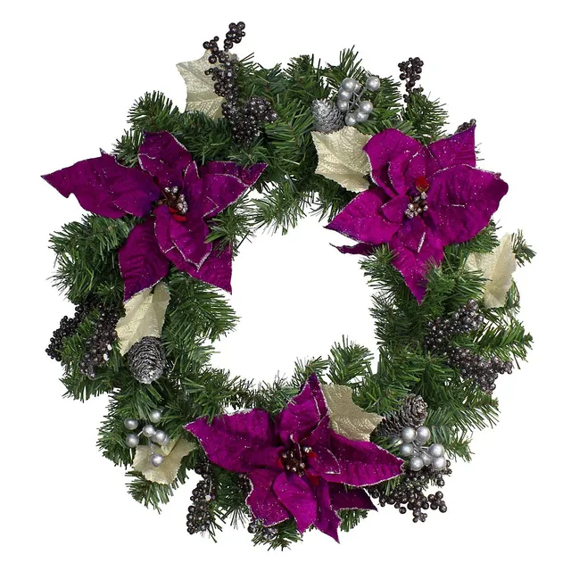 24" Purple Poinsettia And Silver Pine Cone Artificial Christmas Wreath - Unlit