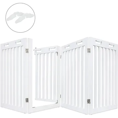 Freestanding Dog Gate With Walk Through Door, 4 Pannel, Expands Up To 80" Wide, 31.5" High - Bonus Set Of Foot Supporters Included - White