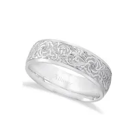 Hand-engraved Flower Wedding Ring Wide Band 14k White Gold (7mm)