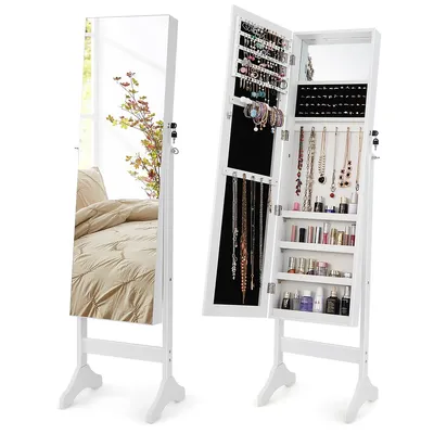 Standing Jewelry Cabinet Armoire Frameless Full Length Mirror Lockable Whitebrown