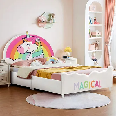 Kids Upholstered Platform Bed Children Twin Size Wooden Bed Unicorn Pattern