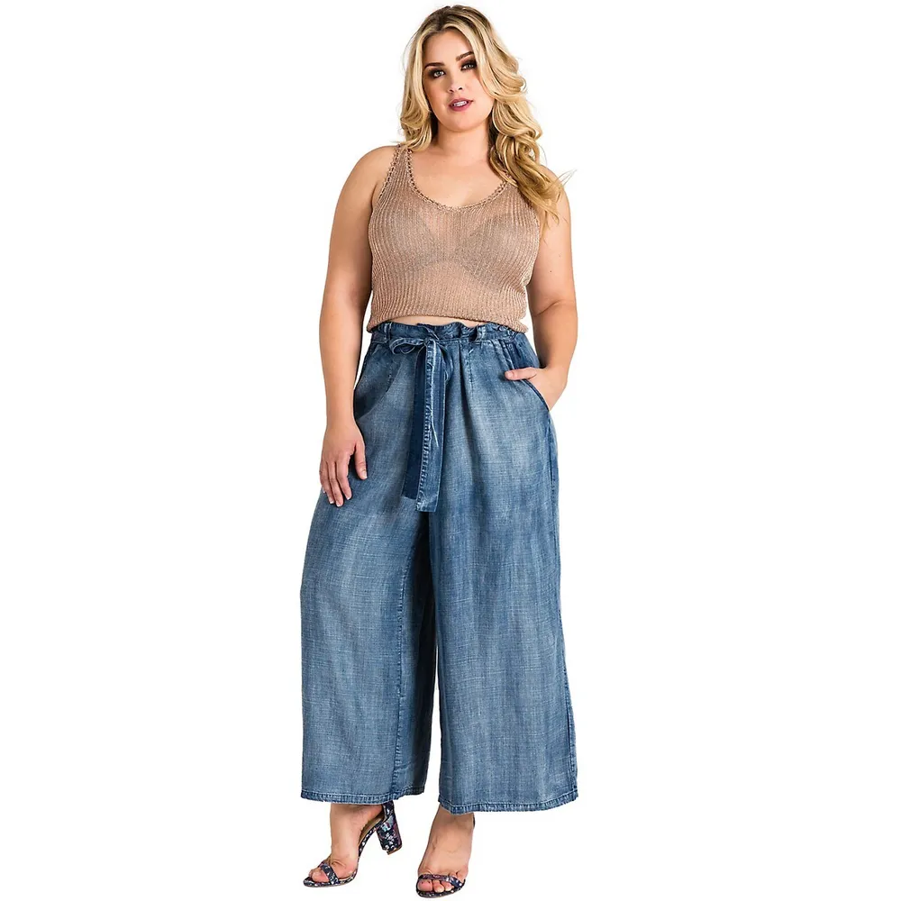 Standards & Practices Modern Women's High Waisted Blue Tencel Ankle Tie  Pants