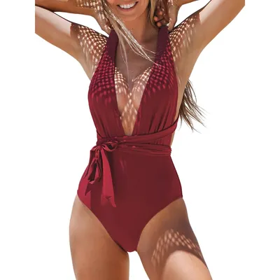 Women's Red Deep V Neck One Piece Swimsuit