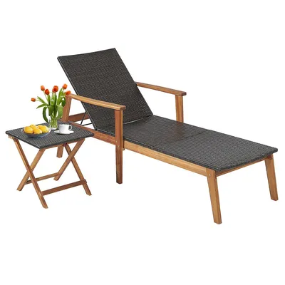 2pcs patio rattan lounge chair chaise Recliner Wood Back Adjust W/folding table