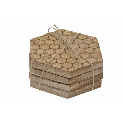 Set Of 4 Mango Wood Hexagon Honeycomb Coasters